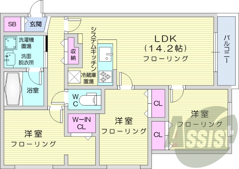 3LDK、都市ガス、エアコン、システムキッチン