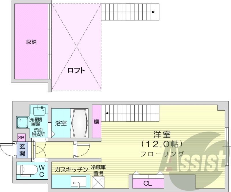1R、シャワートイレ、ロフト付き、シューズボックス