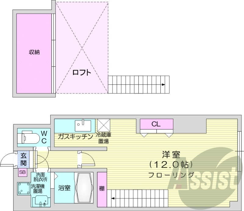 1R、シャワートイレ、ロフト付き、シューズボックス