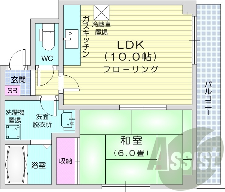 1LDK、エアコン、独立洗面台、バストイレ別