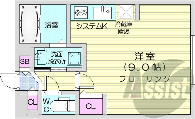 1R、エアコン、システムキッチン、独立洗面台