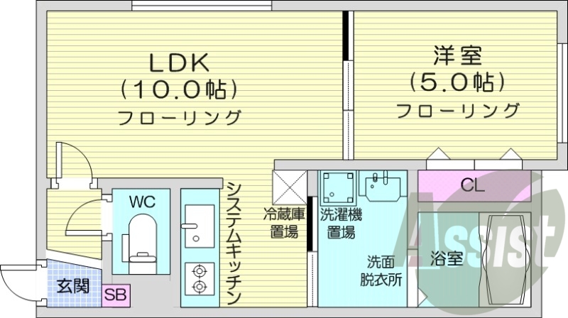 1LDK、エアコン、システムキッチン、独立洗面台