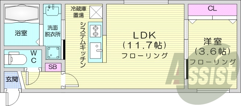 1LDK、都市ガス、エアコン、システムキッチン