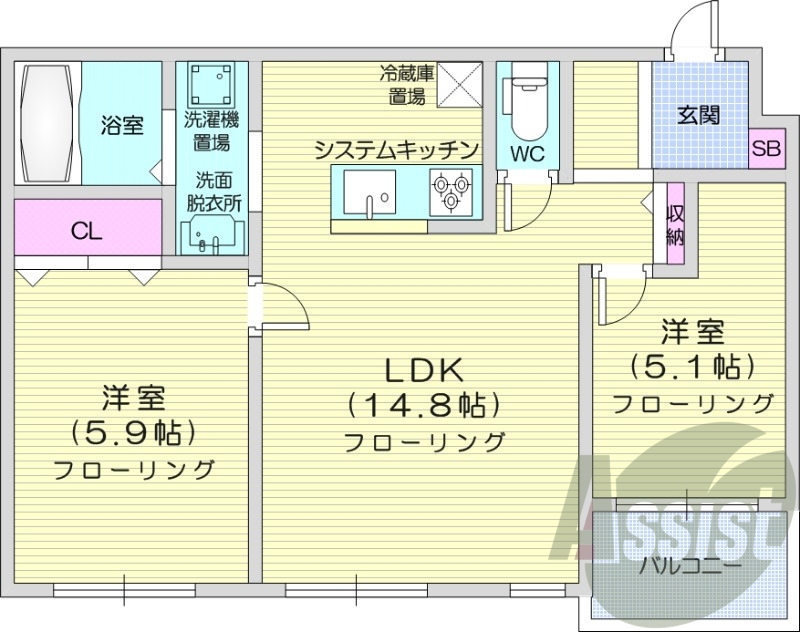 2LDK、エアコン、灯油暖房、システムキッチン