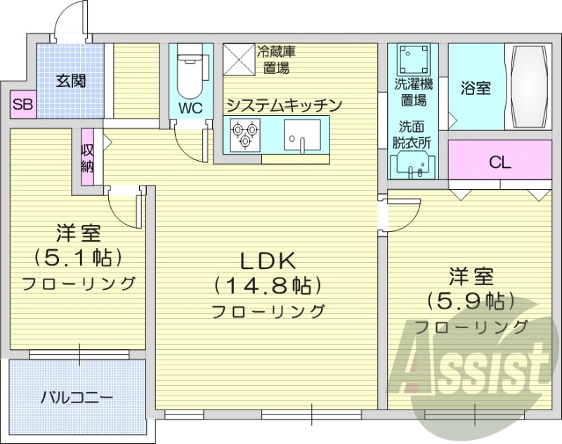 2LDK、エアコン、灯油暖房、システムキッチン