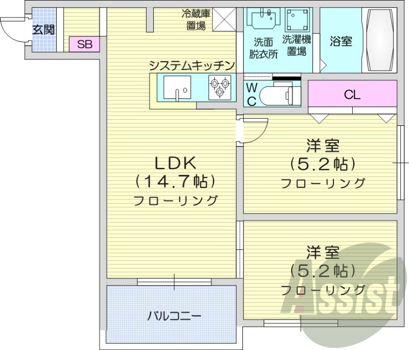 2LDK、エアコン、灯油暖房、システムキッチン
