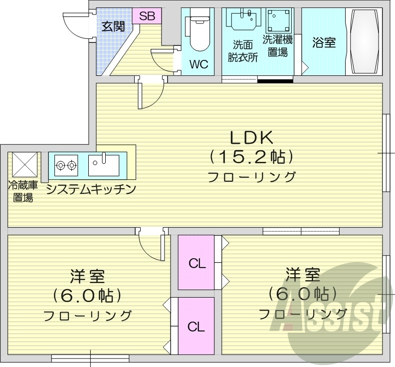 2LDK、エアコン、システムキッチン、ネット使用料不要