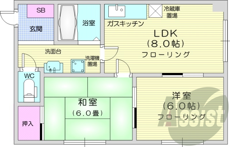 2DK、灯油暖房、ペット可、シャワートイレ