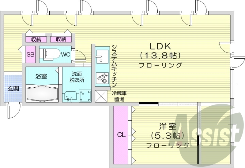 1LDK、システムキッチン、灯油暖房、収納