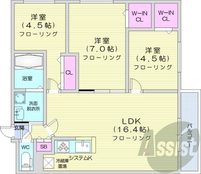 3LDK、都市ガス、エアコン、システムキッチン