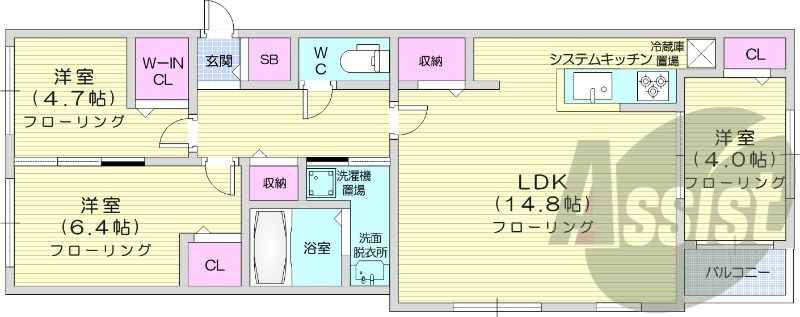 3LDK、都市ガス、エアコン、システムキッチン