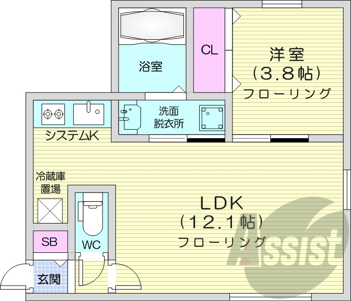 1LDK、エアコン、浴室乾燥機、システムキッチン