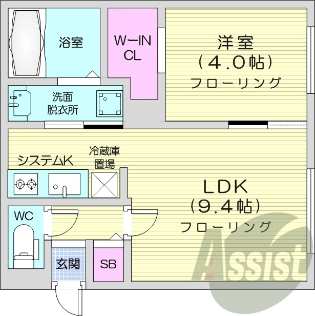 1LDK、エアコン、浴室乾燥機、システムキッチン