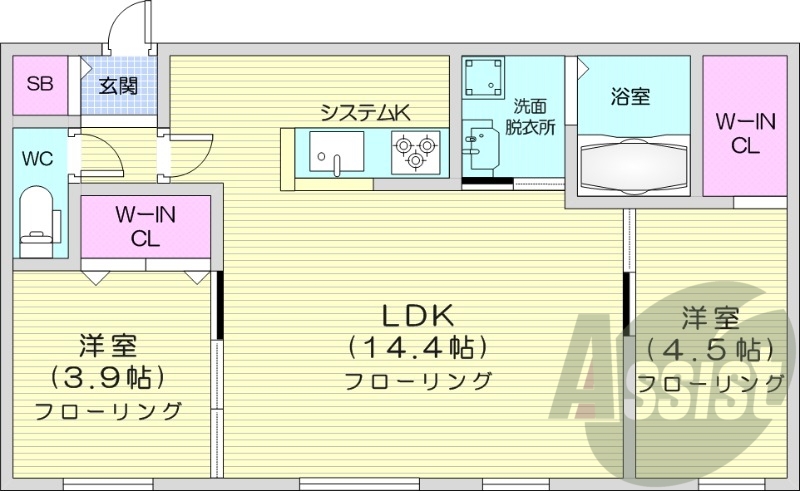 2LDK、エアコン、浴室乾燥機、システムキッチン