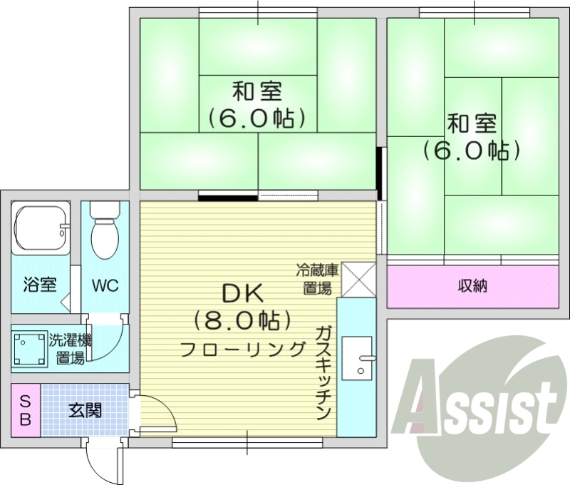 2DK、バストイレ別、エアコン、トランクルーム