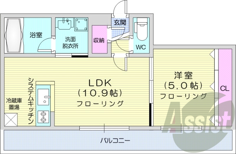 1LDK、エアコン、システムキッチン、独立洗面台