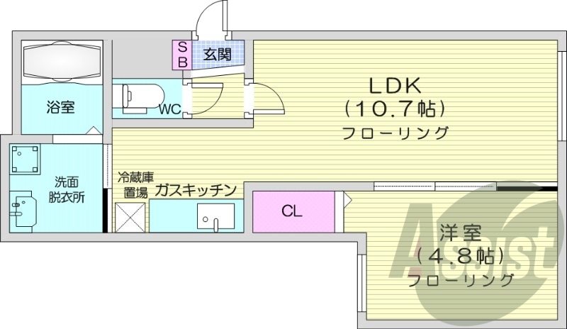 1LDK、エアコン、浴室乾燥機、オートロック、独立洗面台