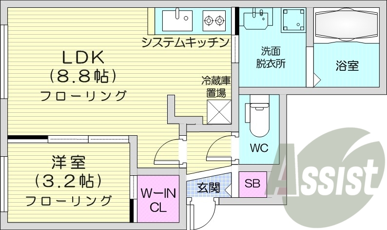 1LDK、都市ガス、エアコン、システムキッチン、独立洗面台