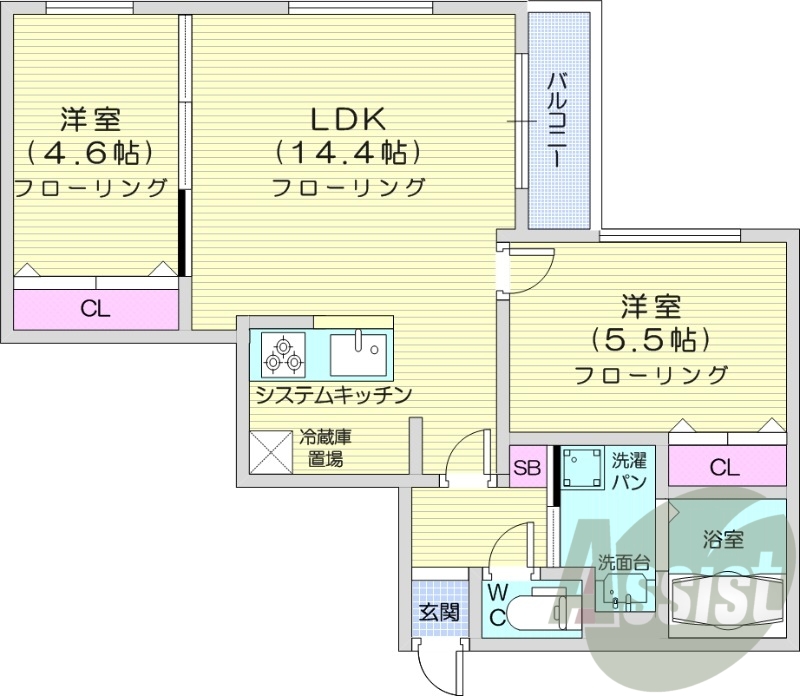 2LDK、都市ガス、追い焚き、浴室乾燥機、システムキッチン
