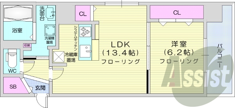 1LDK、都市ガス、追い焚き、浴室乾燥機、システムキッチン