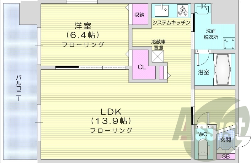 1LDK、都市ガス、追い焚き、浴室乾燥機、システムキッチン