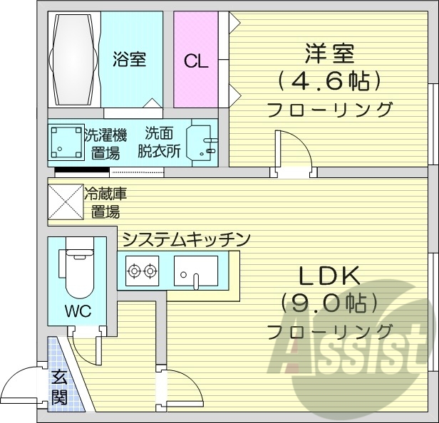 1LDK、エアコン、システムキッチン、独立洗面台