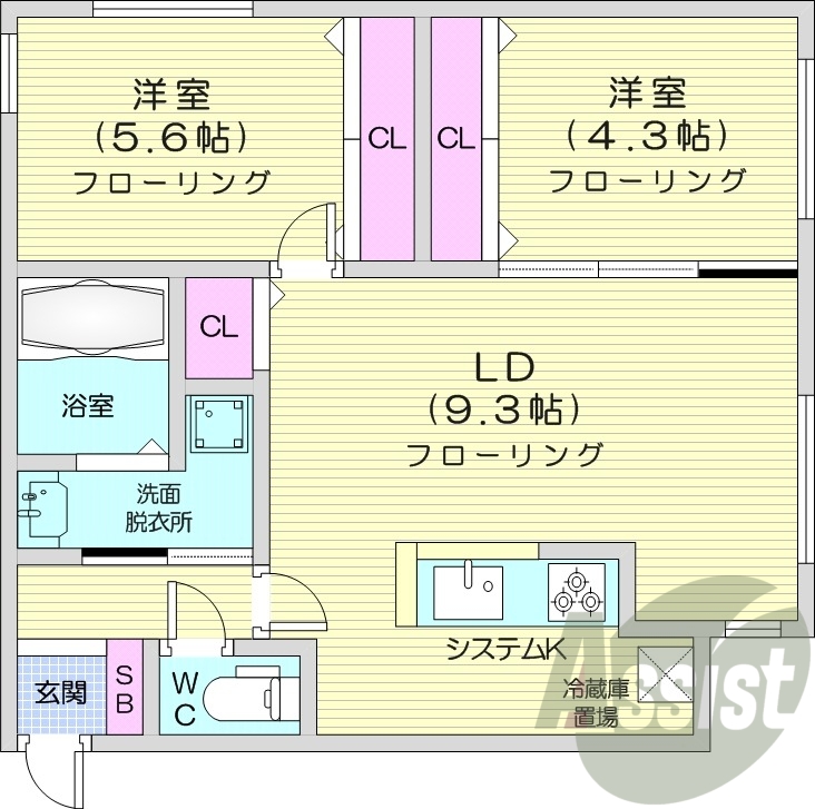 2LDK、エアコン、システムキッチン、独立洗面台