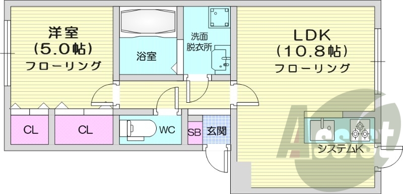 1LDK、モニターホン、バストイレ別、シャンプードレッサー