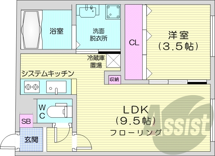1LDK、エアコン、システムキッチン、独立洗面台