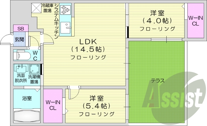 2LDK、都市ガス、エアコン、浴室乾燥機、追い焚き