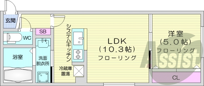 1LDK、都市ガス、エアコン、システムキッチン、独立洗面台