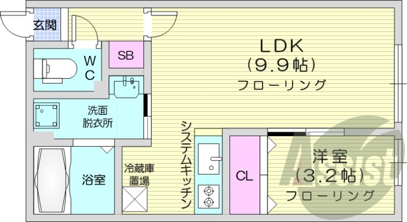 1LDK、都市ガス、システムキッチン、エアコン