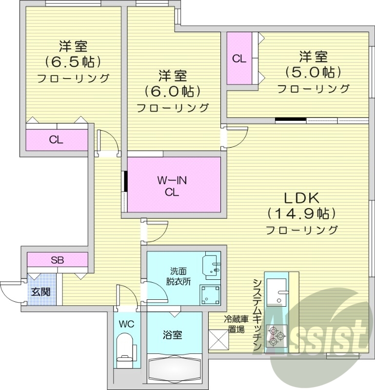 3LDK、都市ガス、エアコン、システムキッチン、追い焚き