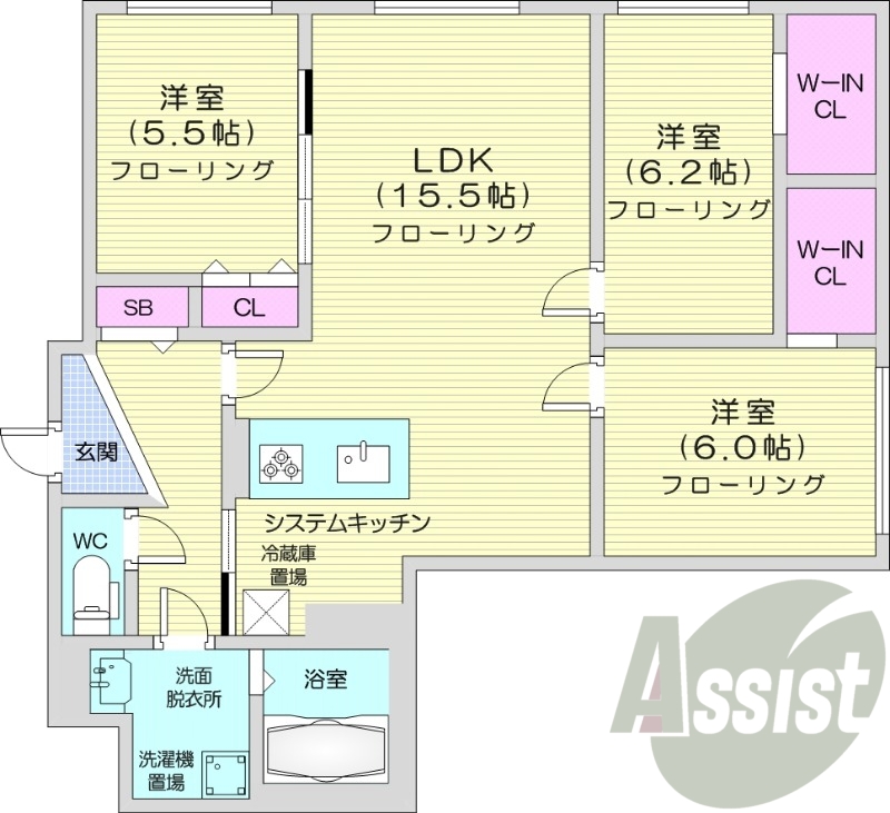 3LDK、都市ガス、エアコン、システムキッチン、追い焚き