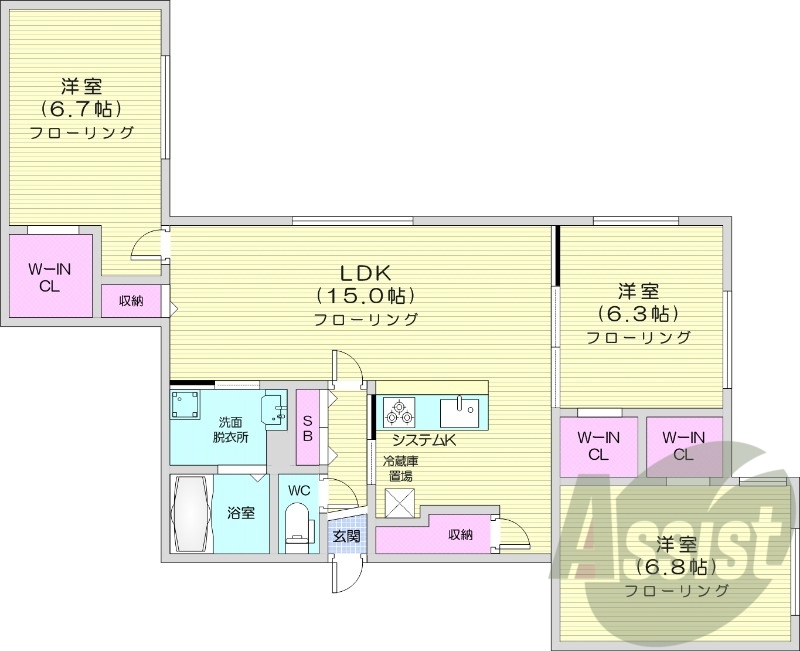 3LDK、都市ガス、エアコン、システムキッチン、追い焚き