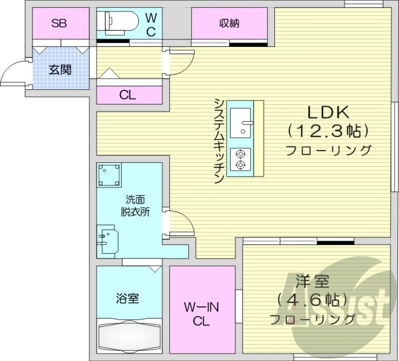 1LDK、エアコン、システムキッチン、ネット無料