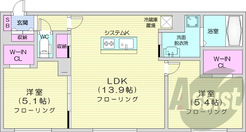 2LDK、エアコン、システムキッチン、ネット無料