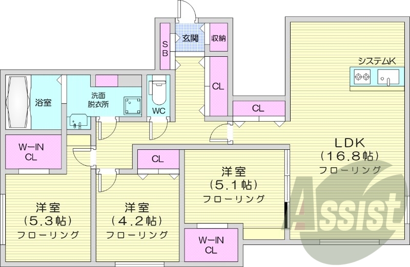 3LDK、エアコン、システムキッチン、ネット無料