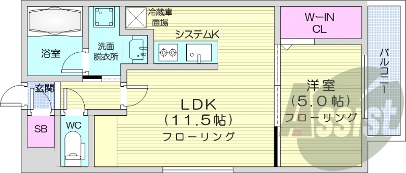1LDK、エアコン、システムキッチン、独立洗面台