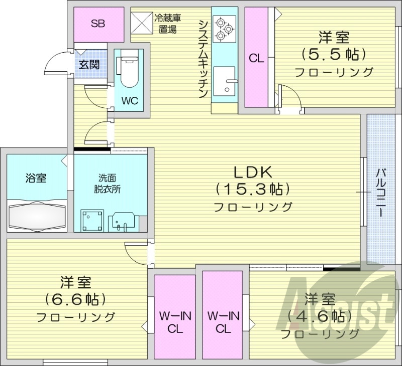 3LDK、都市ガス、エアコン、システムキッチン、浴室乾燥機