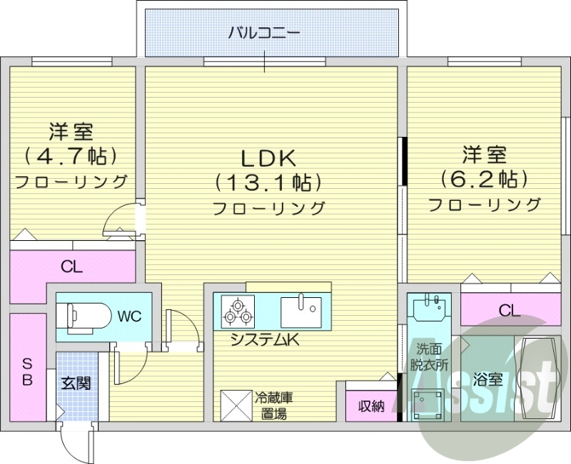 2LDK、都市ガス、エアコン、システムキッチン、浴室乾燥機