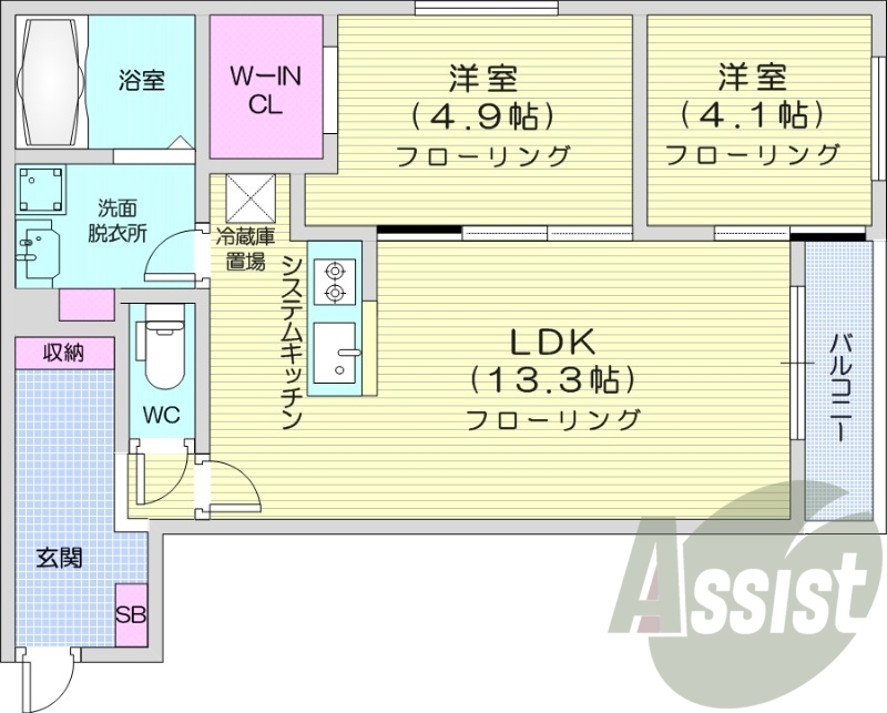 2LDK、エアコン、独立洗面台、システムキッチン