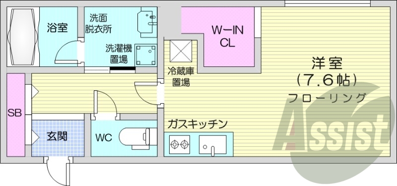 1K、都市ガス、エアコン、ガス暖房、ネット無料