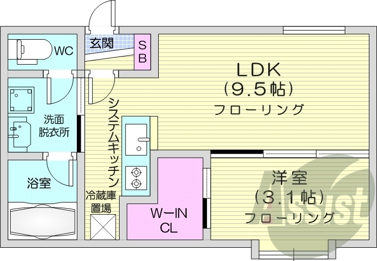 1LDK、エアコン、システムキッチン、独立洗面台