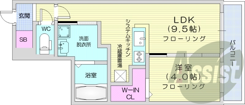 1LDK、都市ガス、エアコン、システムキッチン、浴室乾燥機