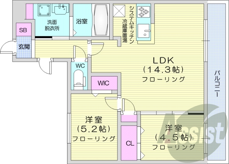 ２LDK、都市ガス、エアコン、システムキッチン、浴室乾燥機