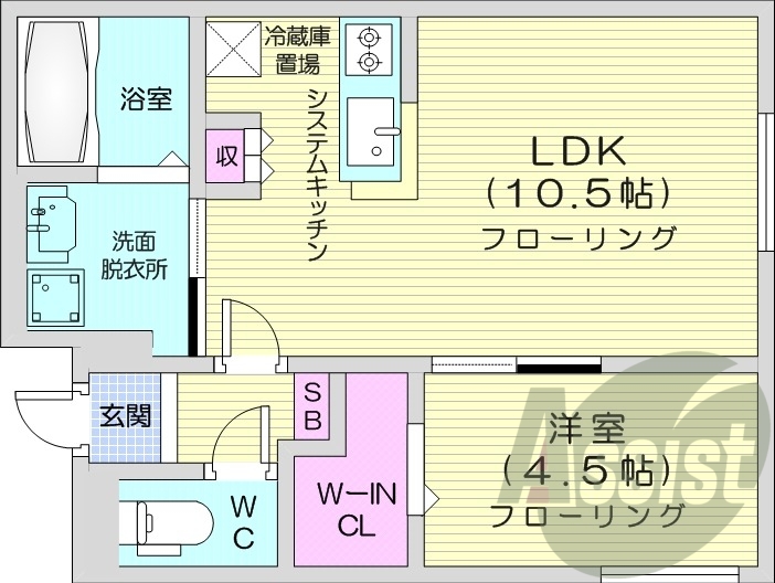 1LDK、エアコン、ネット無料、システムキッチン