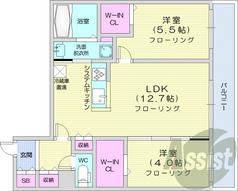 2LDK、都市ガス、エアコン、浴室乾燥機、追い焚き
