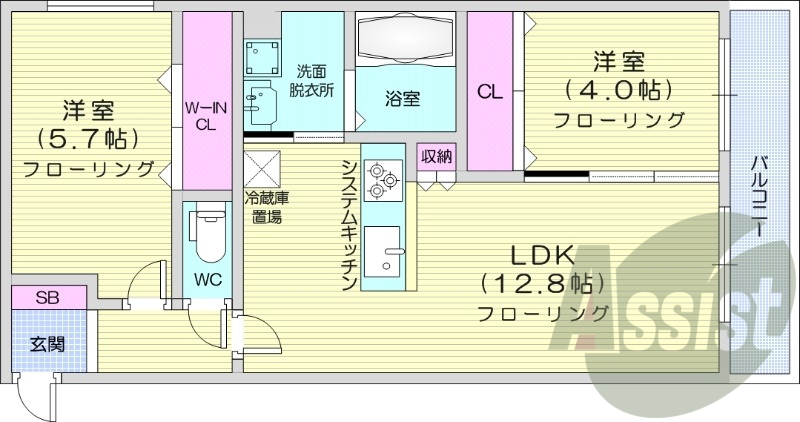 2LDK、都市ガス、エアコン、浴室乾燥機、追い焚き