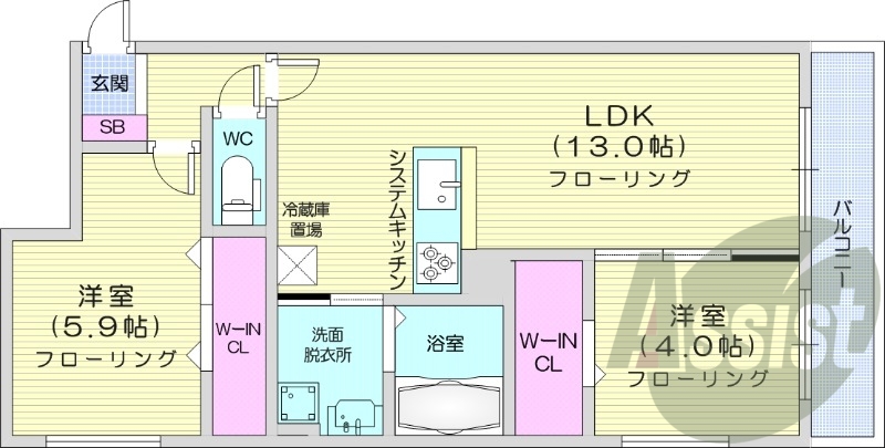 2LDK、都市ガス、エアコン、浴室乾燥機、追い焚き